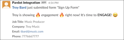 Pardot Slack Integration sample message