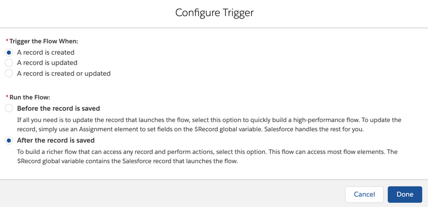 Configure the Trigger to occur when a record is created, and after the record is saved.