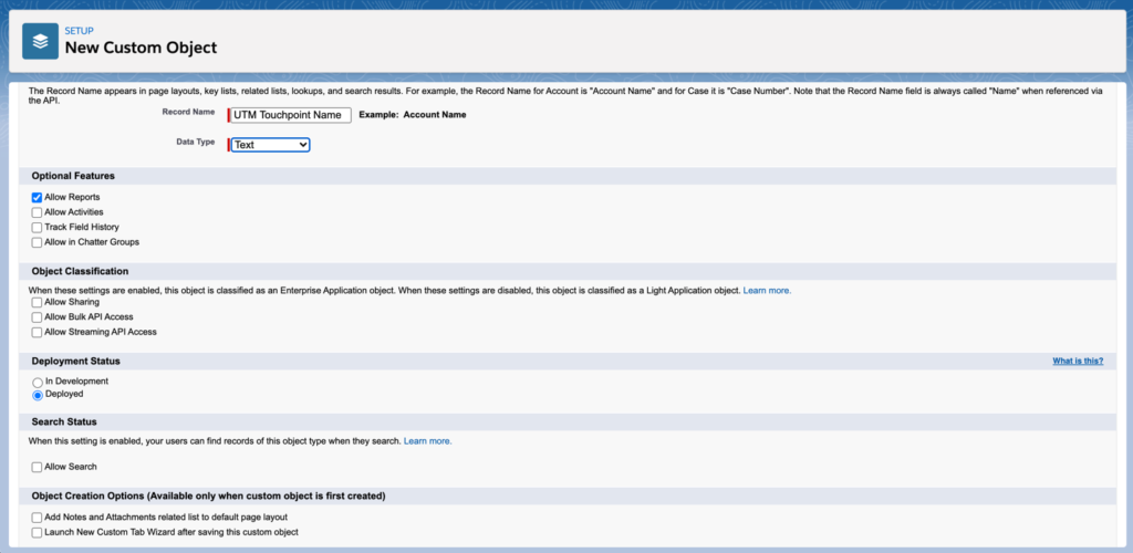 UTM touchpoint custom object 2