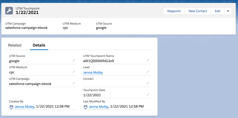 Record detail page for a UTM touchpoint