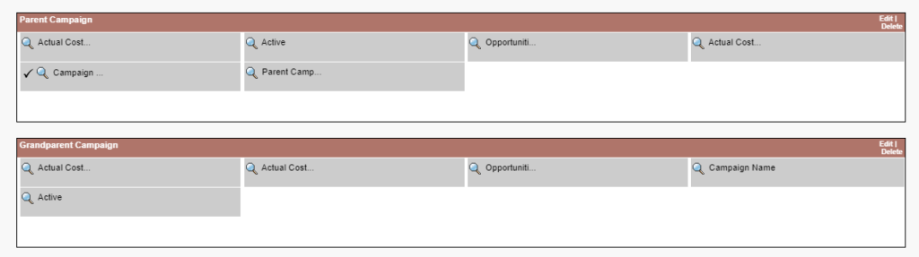 Salesforce Campaign Hierarchy Report: Parent and grandparent sections to added layout