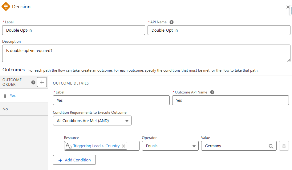 A screenshot of the decision element of the Flow.