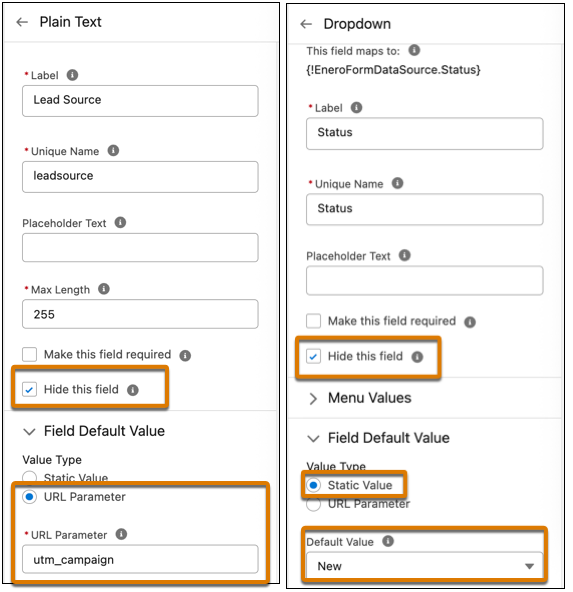 A screenshot highlighting using the checkboxes to mark hidden fields on a form.
