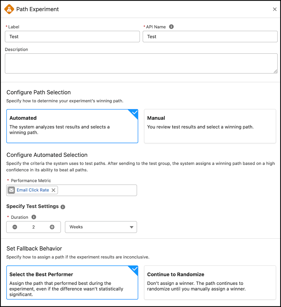 A screenshot of the Automated feature being selected for the Configure Path Selection in Path Experiment.