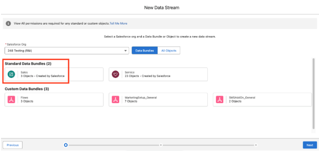 A screenshot of the Data Streams selection where we select Standard Data Bundles.