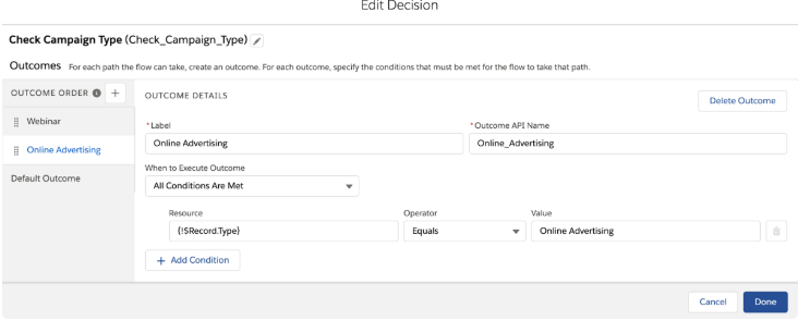 A screenshot of the Edit Decision screen with the campaign type being Online Advertising.