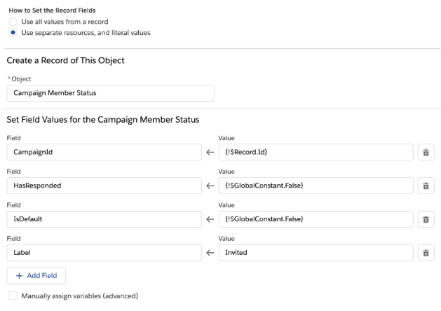 A screenshot showing how to set the record fields with Use separate resources and literal values highlighted. Under the Create a Record for this Object, the Campaign Member Status object is added.