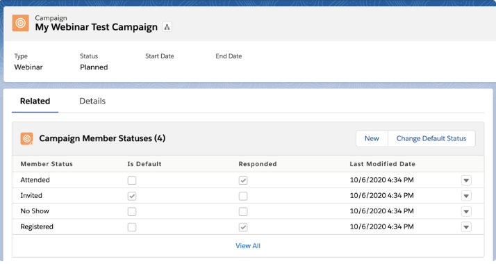 Webinar test campaign member statuses
