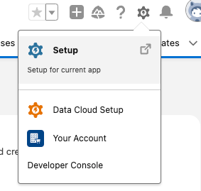 A screenshot hovering over the gear settings icon in Salesforce and clicking Setup.