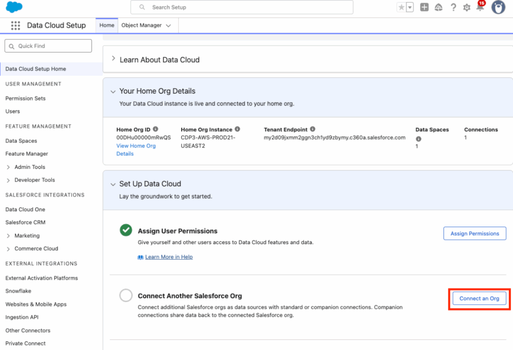 A screenshot of the Data Cloud Setup screen with a red rectangle pointing out the Connect an Org button, underneath the Assign User Permissions step.