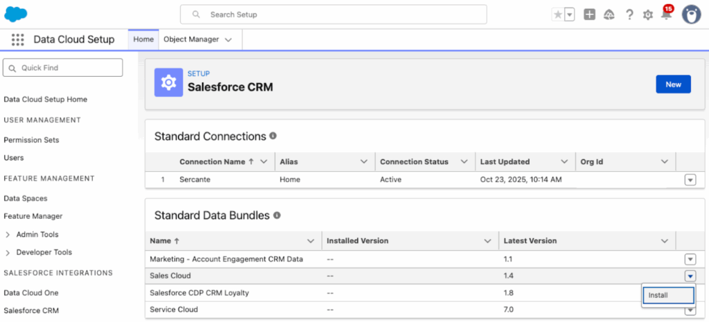 A screenshot showing the Standard Data Bundles and clicking the dropdown arrow to install.