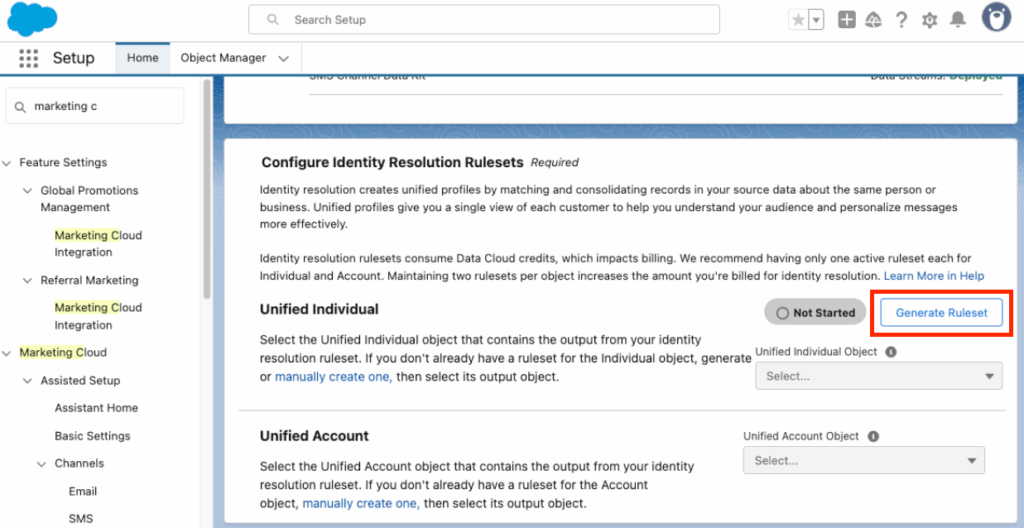 A screenshot of the Basic Settings page where you will see the Generate Ruleset button. It's under the Configure Identity Resolution Rulesets section.