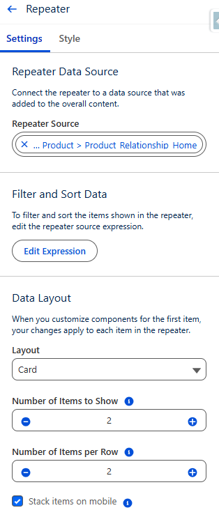 Shows settings related to a repeater data source. Shows options for filtering, sorting, and data layout. 
