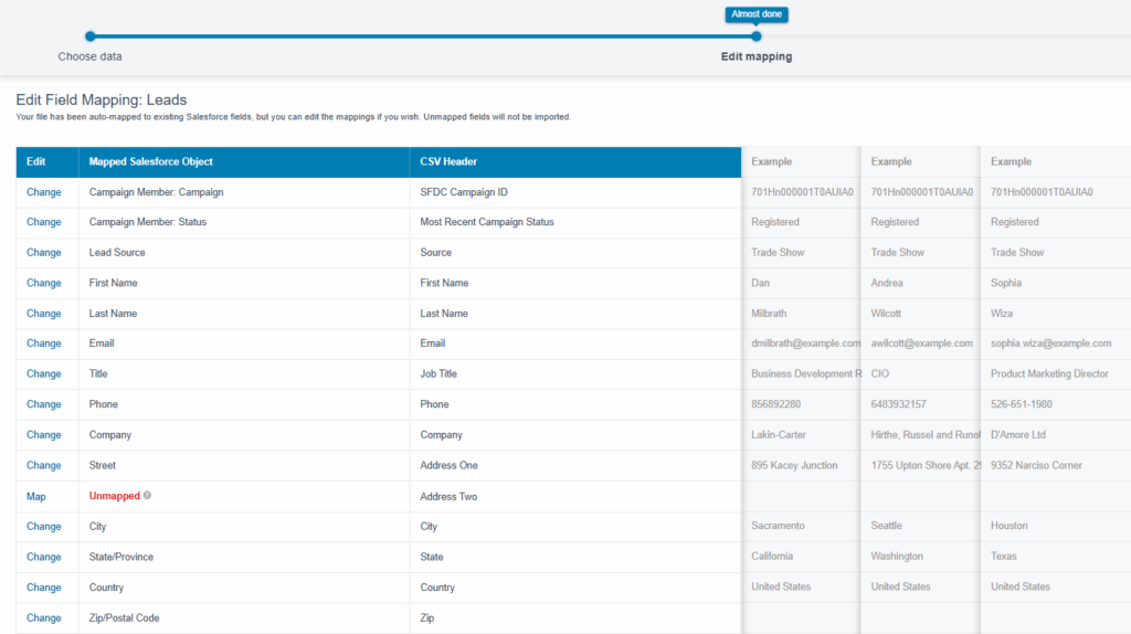 Importing data on field mapping