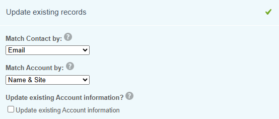 Updating contacts and accounts with matching options 