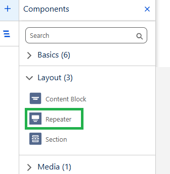 Email builder highlighting the "repeater" component within the "layout" section.