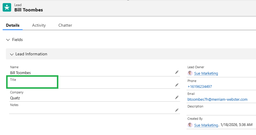 Shows details of lead prospect without the title