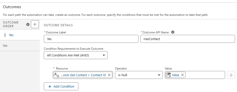 Shows outcome details and mapping the Get Contact > Contact ID with the Operator “Is Null” which should equal False.