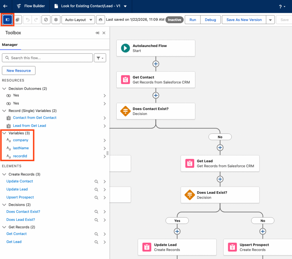 This image shows that when you're in the flow builder, select the Toolbox and you'll see three variables: company, lastName, and recordld. These are the default variables.