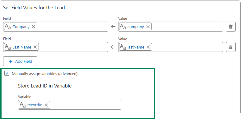 Setting field values for the lead. Make sure to check "Manually assign variables."