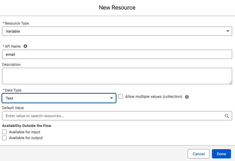 This image shows that when creating a new resource you will see these prompts: resource type variable, API name, data type.