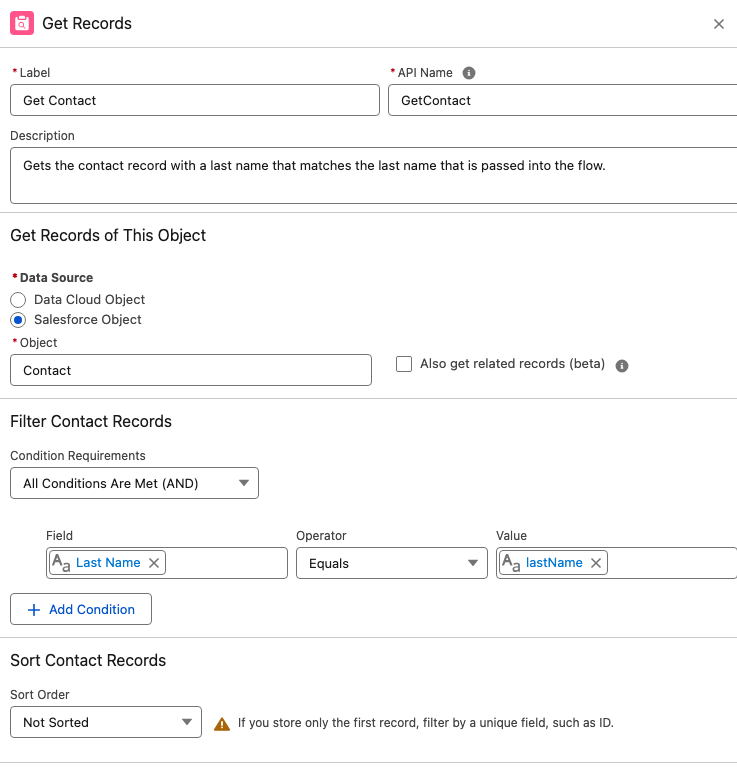 In this photo we see the "get records" section and when selecting "Get Contact" element it automatically looks for lastName but we want to change to email address.
