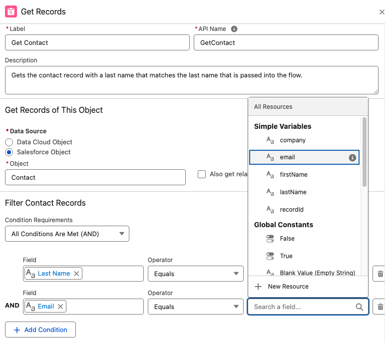 When in "get records" this image shows how to make the Record Field Email equal the variable Email.
