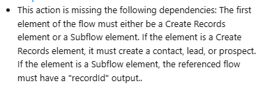 Error message that warns you that a form triggered flow must begin with a Create Record.