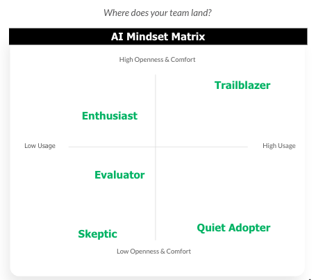 The AI Mindset Matrix that shows a visual of where each persona falls on the range of usage and openness and comfort.