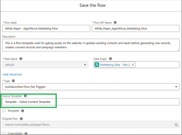 Save the flow screen, highlighting the Source Template field.