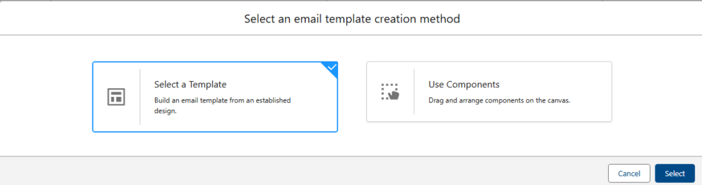 Selecting an email template creation method