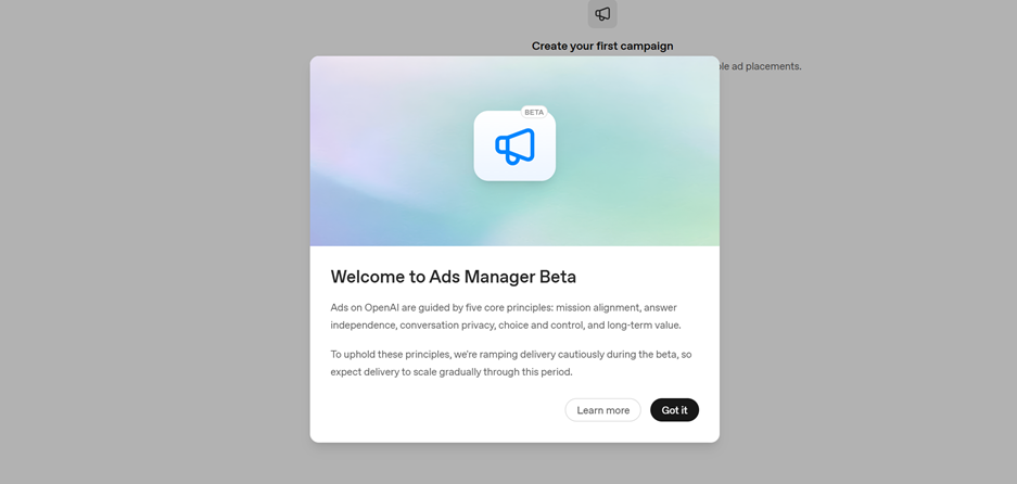 ChatGPT Welcome to Ads Manager Beta message