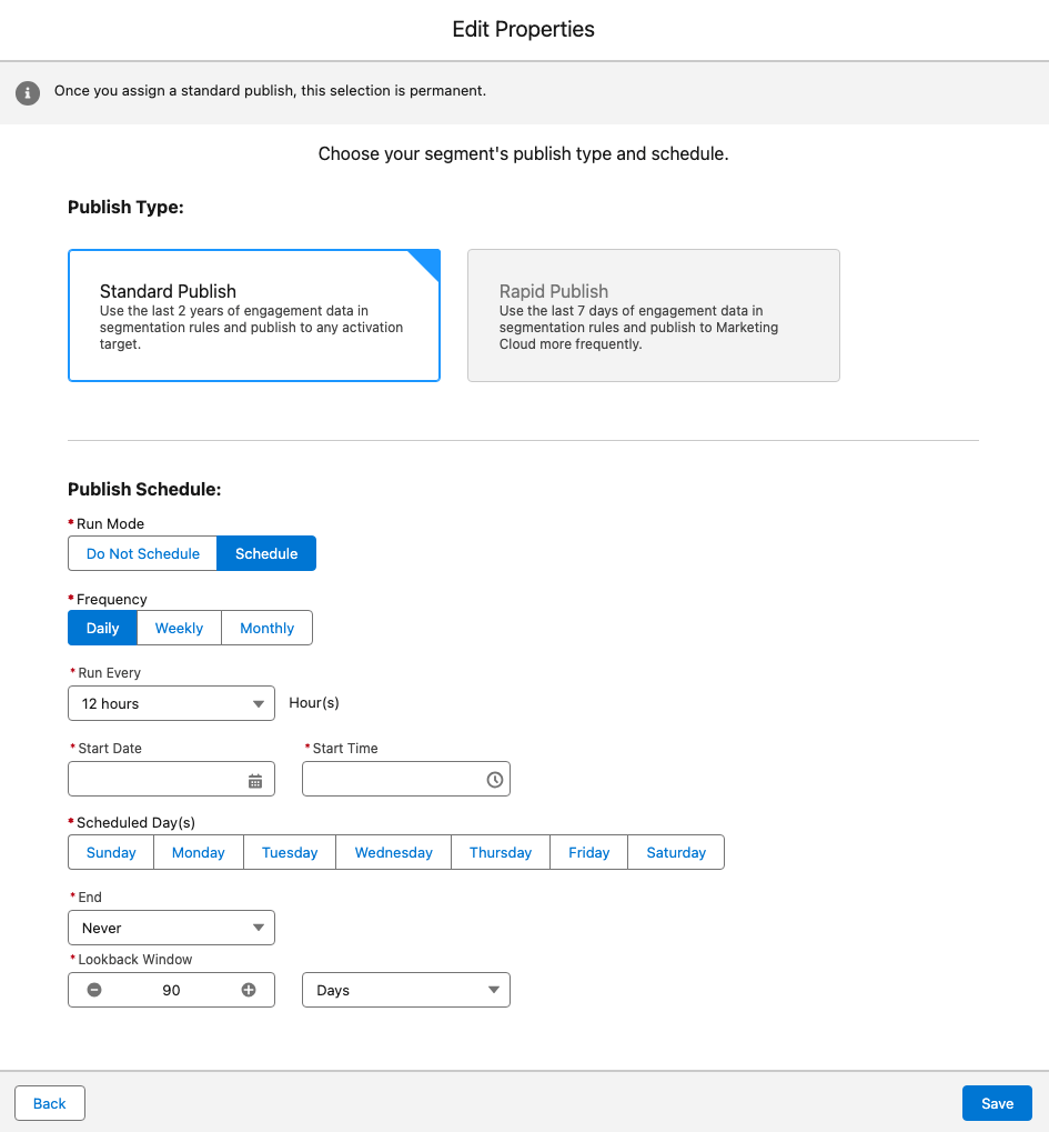 The edit Properties window in Agentforce Marketing where the publish schedule is defined.
