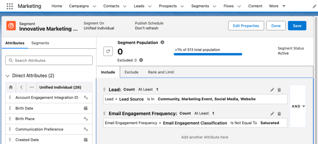 A Segment using multiple rule criteria in Agentforce Marketing